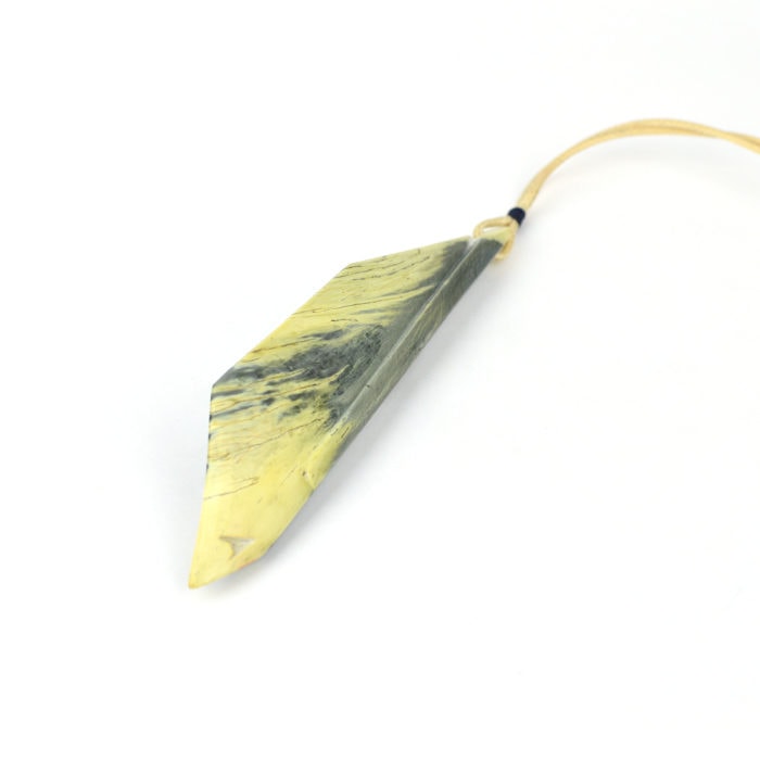 Cream and silver chatoyant pounamu feather pendant