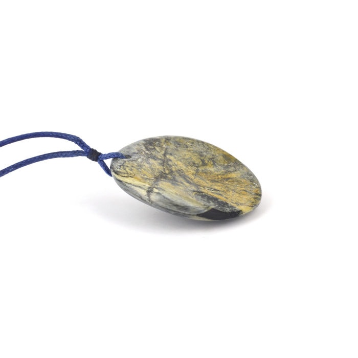 Chatoyant and Dendritic silver blue Tāwhirimātea pounamu disc pendant with yellow rind