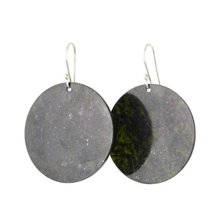 8. dark green round Pounamu earrings on silver hooks