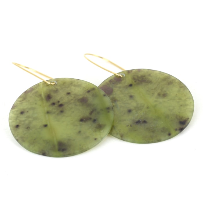 21. round pounamu earrings in green speckles