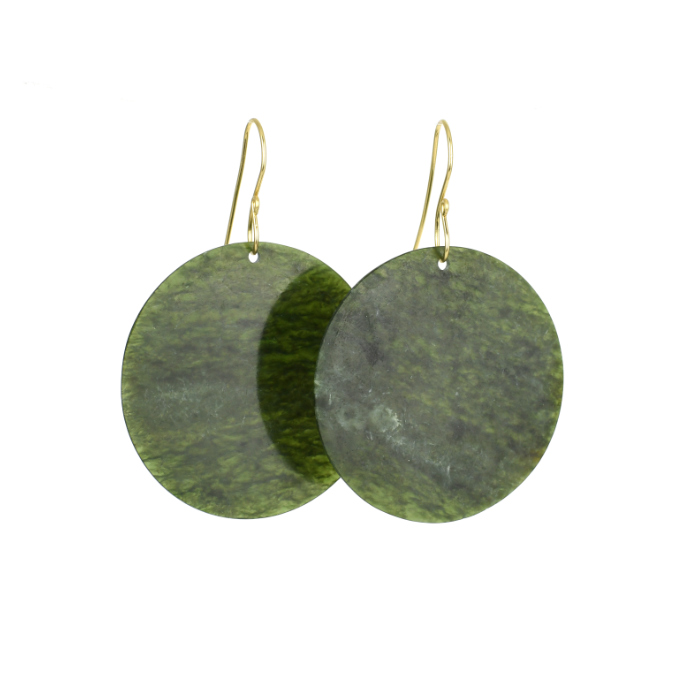 lush green round pounamu earrings on gold hooks