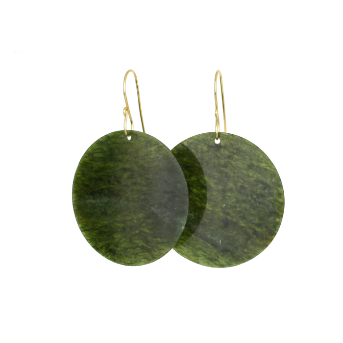 lush green round pounamu earrings on gold hooks
