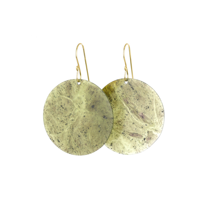 light green pounamu round earrings on gold hooks large