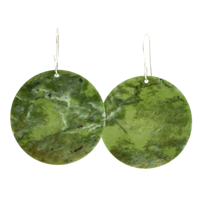bright green large round pounamu earrings on sterling silver hooks