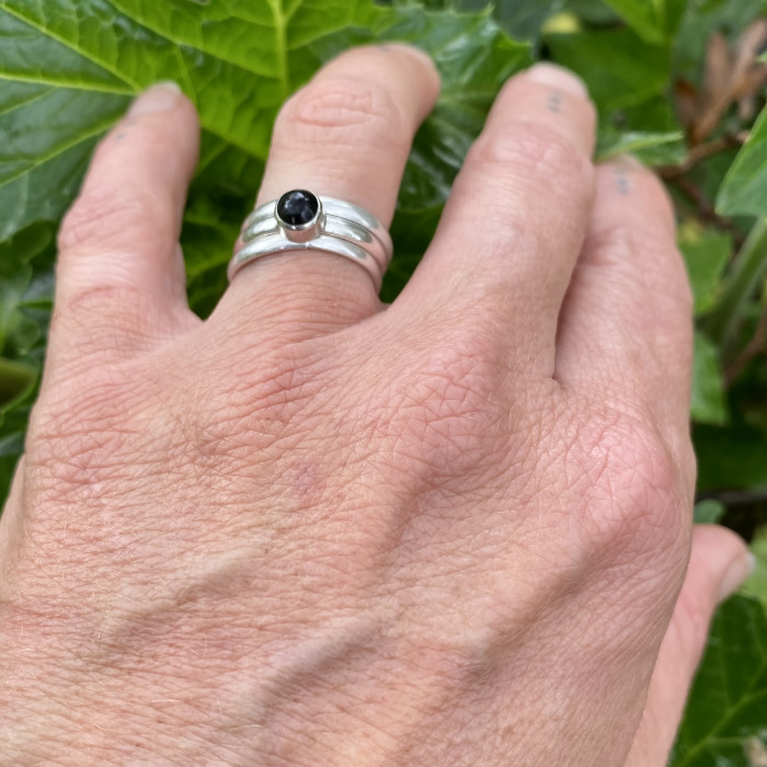 small obsidian and sterling silver ring with stackers