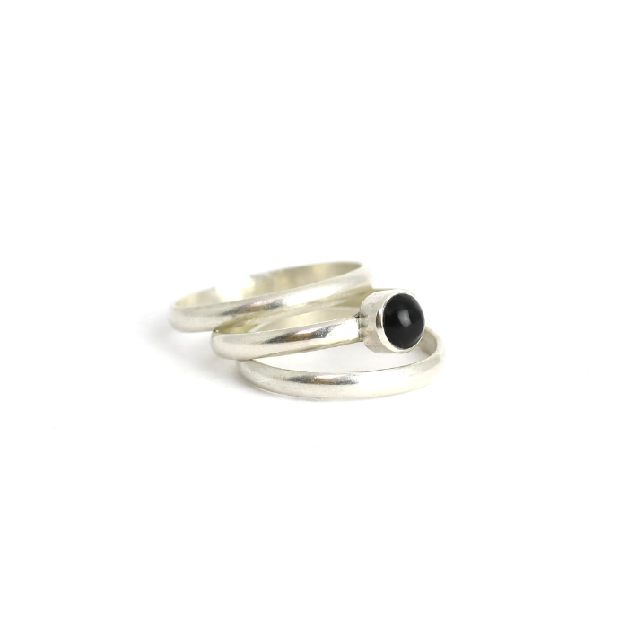 small obsidian and sterling silver ring with stackers